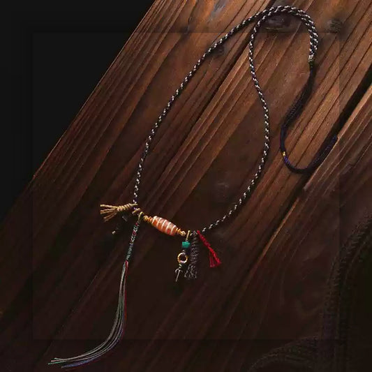 Handcrafted Tibetan agate Dzi bead multi strand necklace side full view