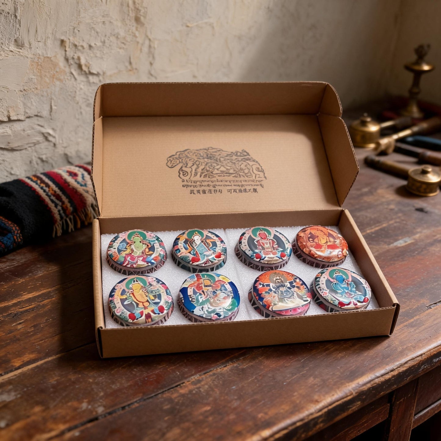 Eight Deities Tibetan Thangka Candle Gift Set — artisan studio hero view