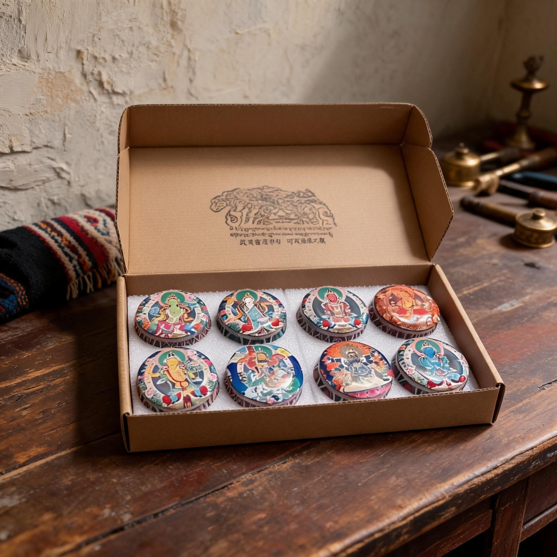 Eight Deities Tibetan Thangka Candle Gift Set — artisan studio hero view