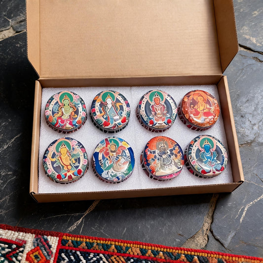 Eight Deities Tibetan Thangka Candle Gift Set — overhead still-life view
