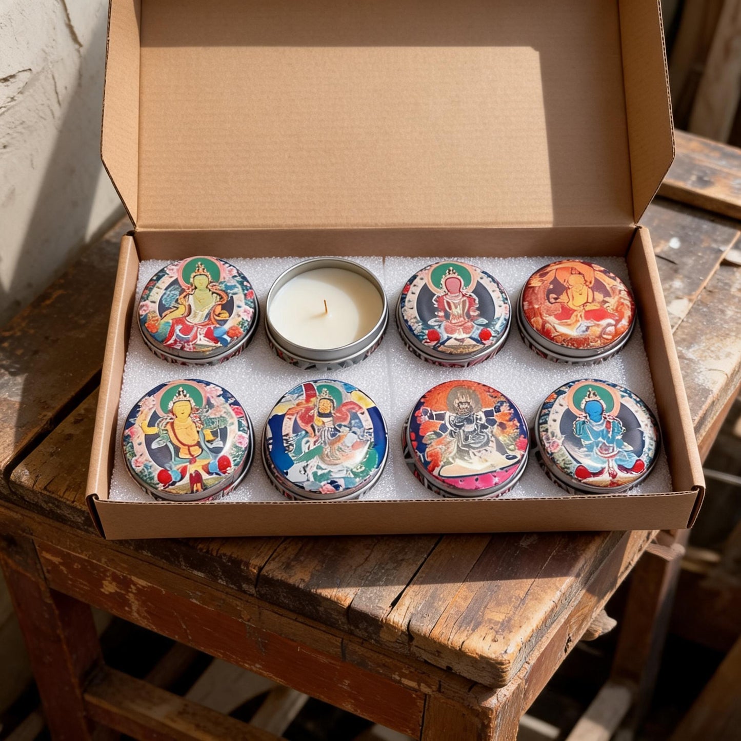 Eight Deities Tibetan Thangka Candle Gift Set — craft detail view