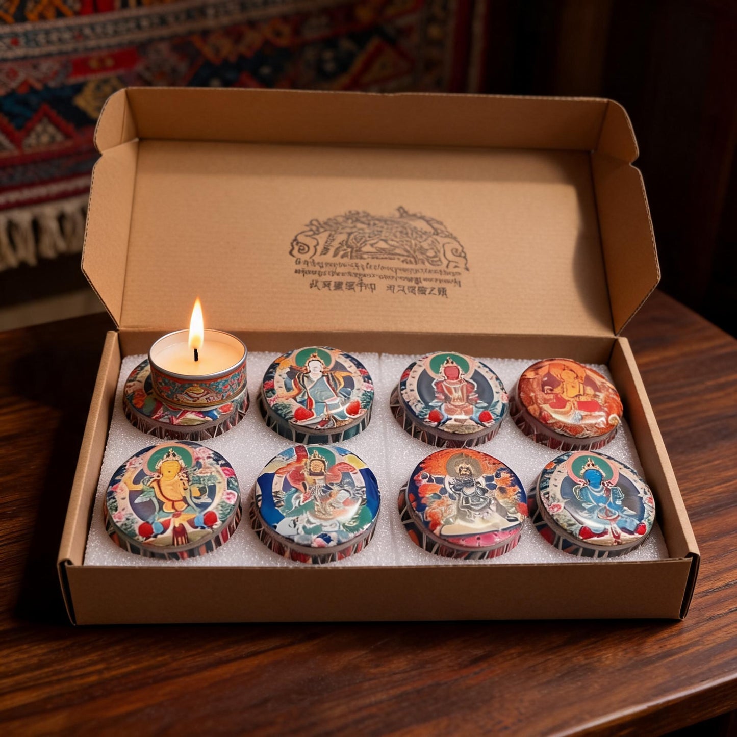 Eight Deities Tibetan Thangka Candle Gift Set — warm evening view