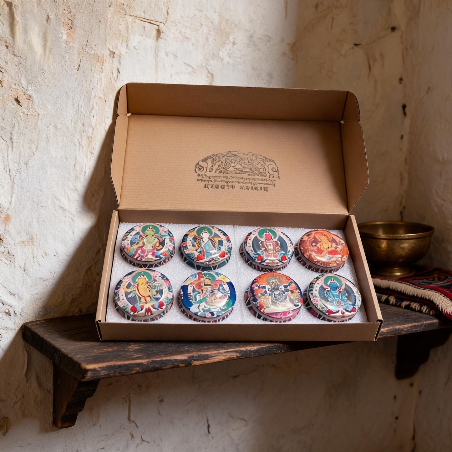 Eight Deities Tibetan Thangka Candle Gift Set — artisan shelf context view