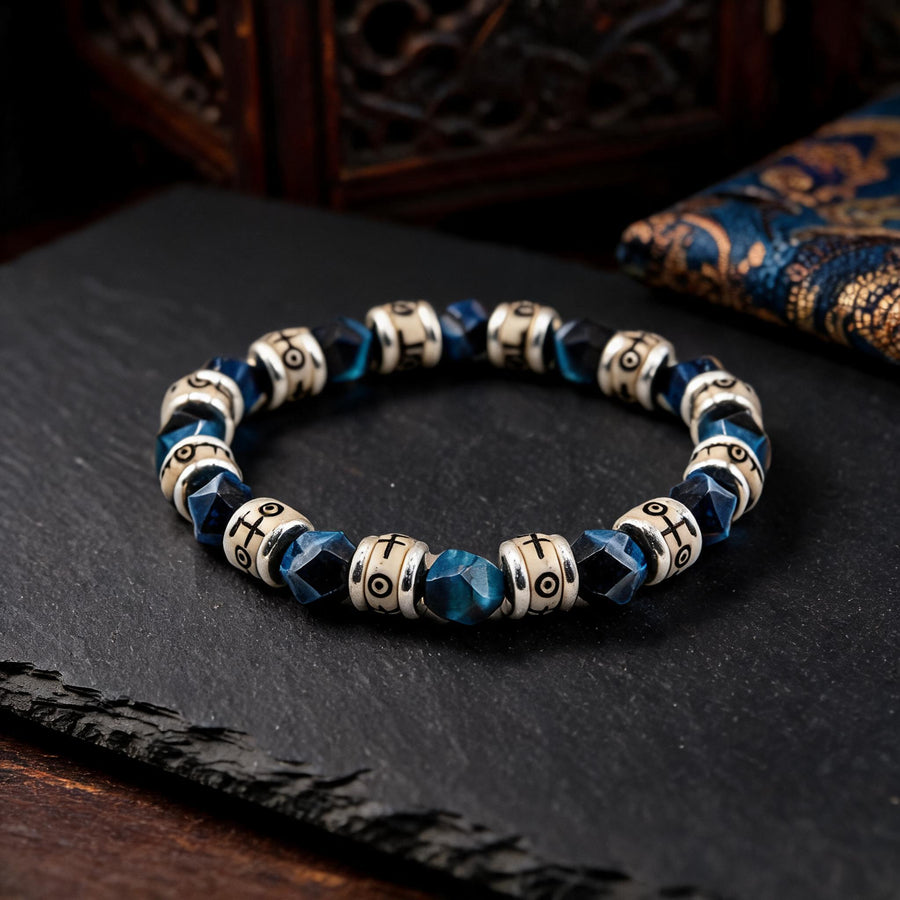 Blue Tiger Eye & Carved Bone Tibetan-Style Beaded Bracelet front full view