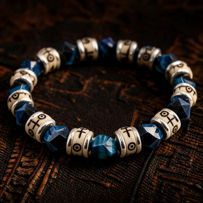 Blue Tiger Eye & Carved Bone Tibetan-Style Beaded Bracelet bracelet structure close-up