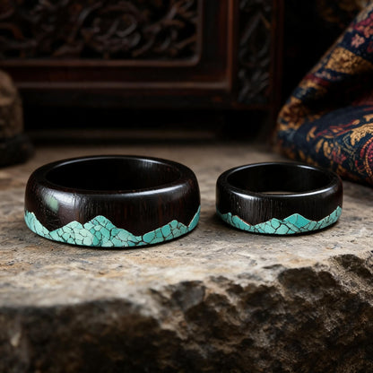 Qing Shan Zai Ebony Wood & Turquoise Inlay Ring wide and narrow band front view