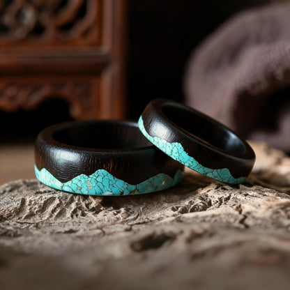 Qing Shan Zai Ebony Wood & Turquoise Inlay Ring three-quarter side view