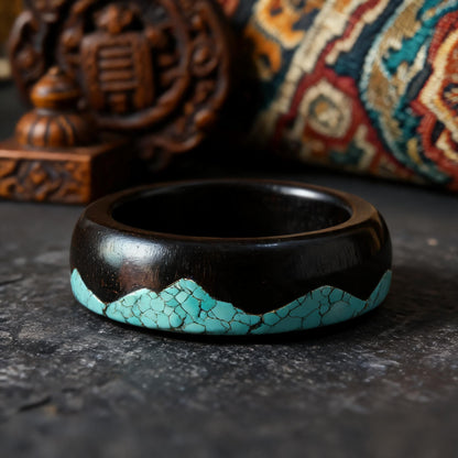 Qing Shan Zai Ebony Wood & Turquoise Inlay Ring turquoise inlay macro detail