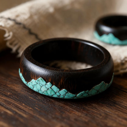 Qing Shan Zai Ebony Wood & Turquoise Inlay Ring ebony wood ring wall detail