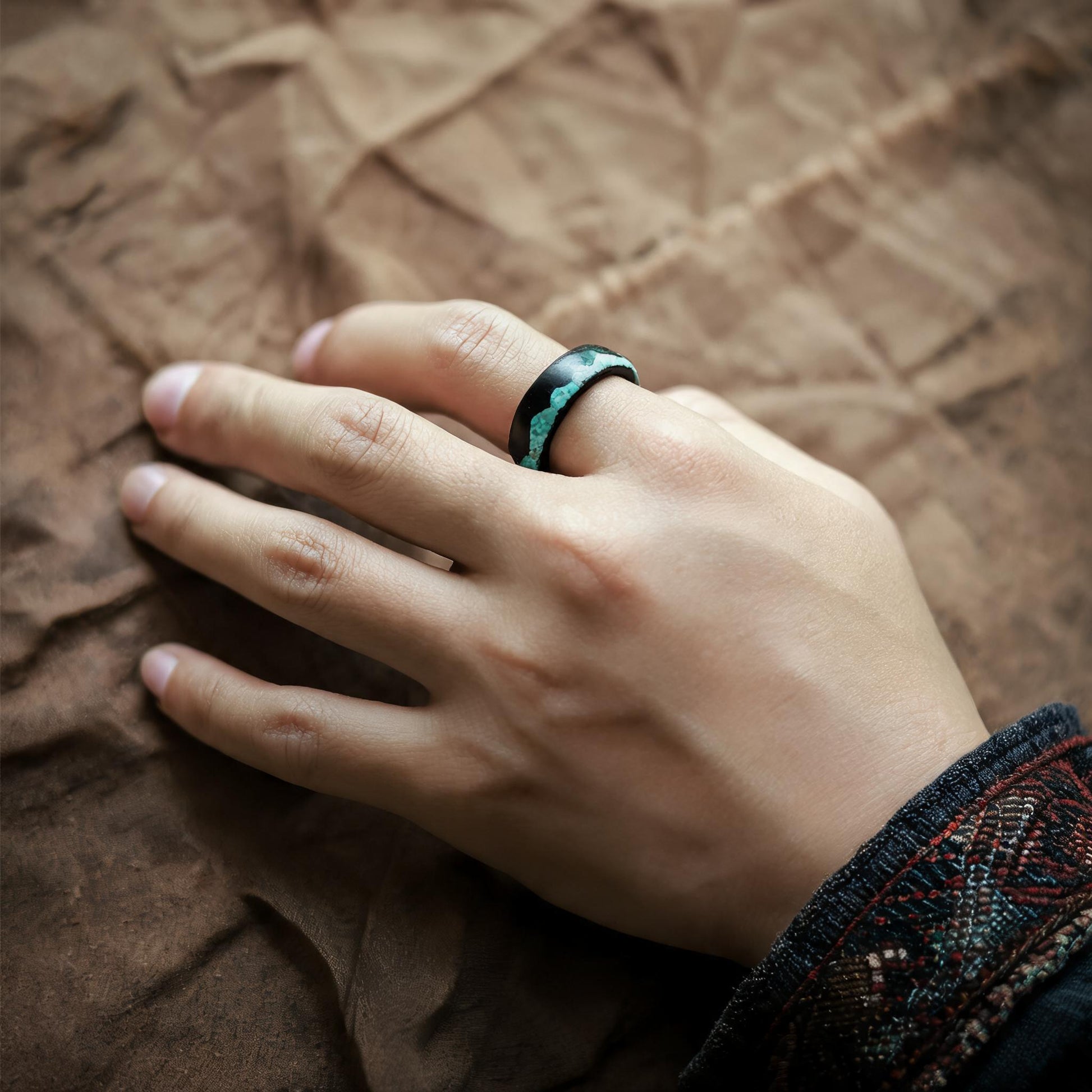 Qing Shan Zai Ebony Wood & Turquoise Inlay Ring wearing scale view