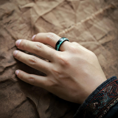 Qing Shan Zai Ebony Wood & Turquoise Inlay Ring wearing scale view