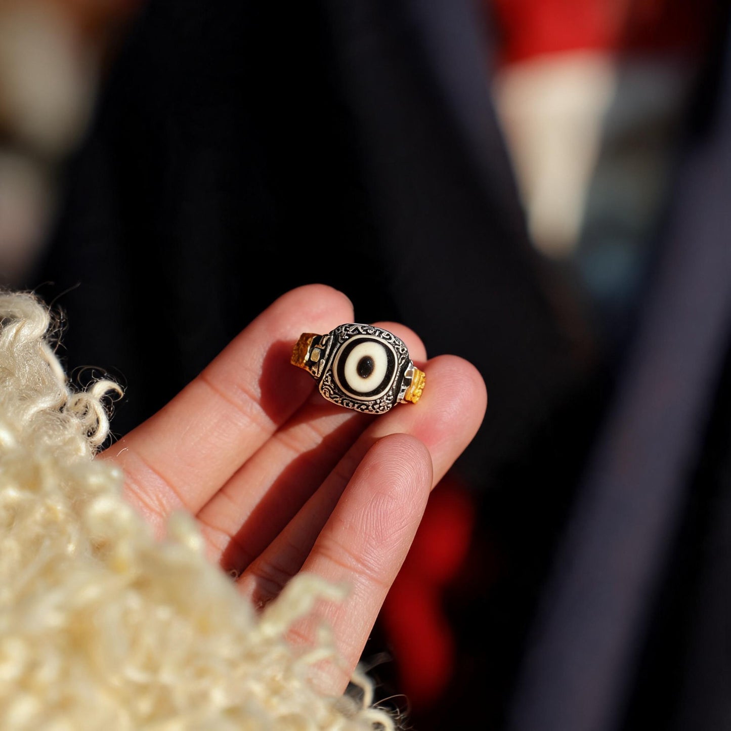 Zaki Lhamo Dzi Eye S925 silver ring worn on hand