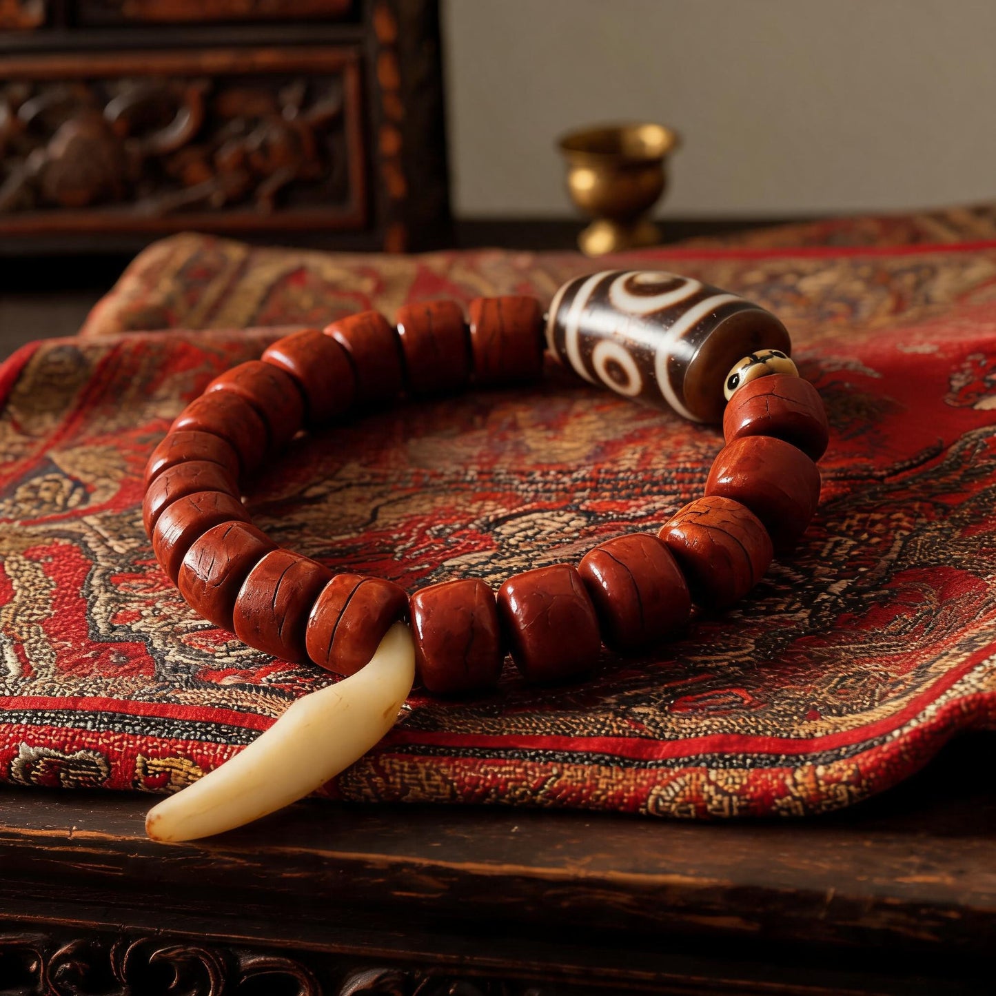 Dema Three-Eye Dzi and yak bone bracelet beadwork detail