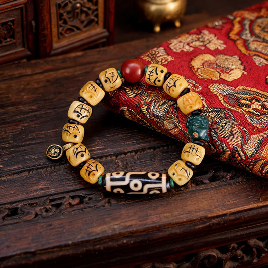 Potala Palace Nine-Eye Dzi yak bone bracelet front view