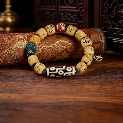 Potala Palace Nine-Eye Dzi yak bone bracelet beadwork detail
