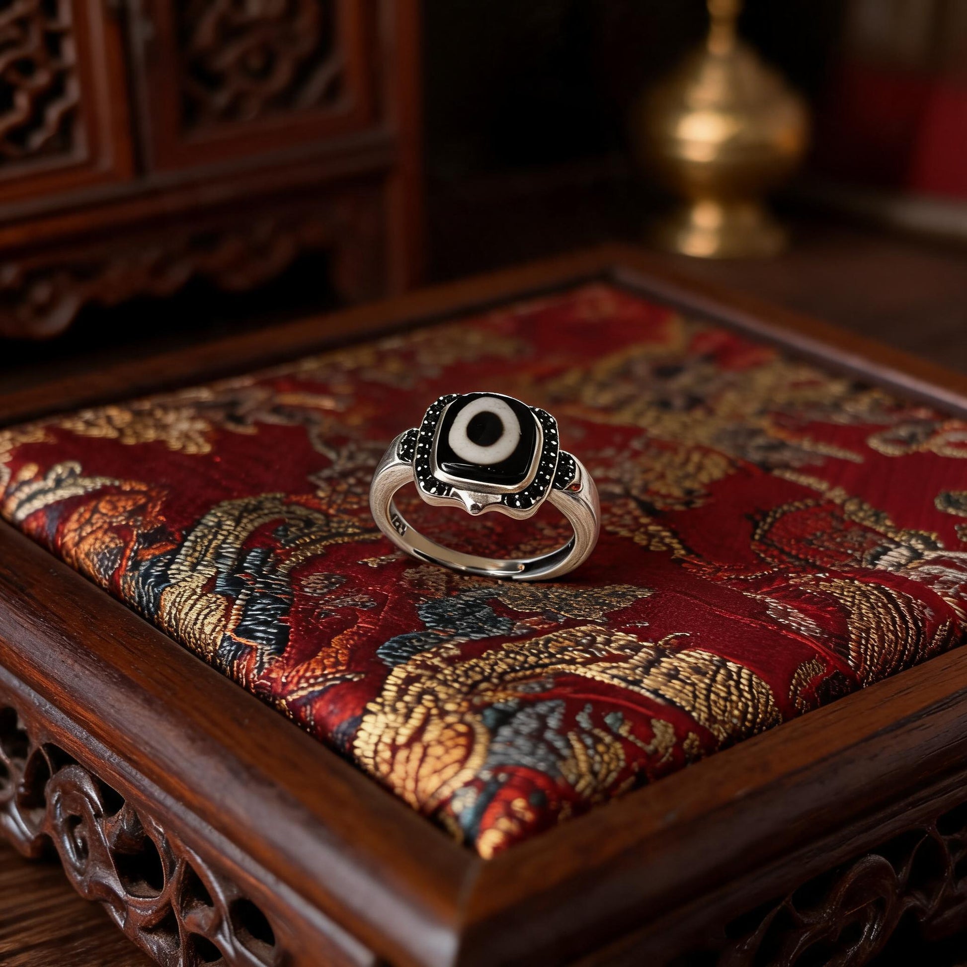 S925 silver inlaid Dzi agate ring Style 5