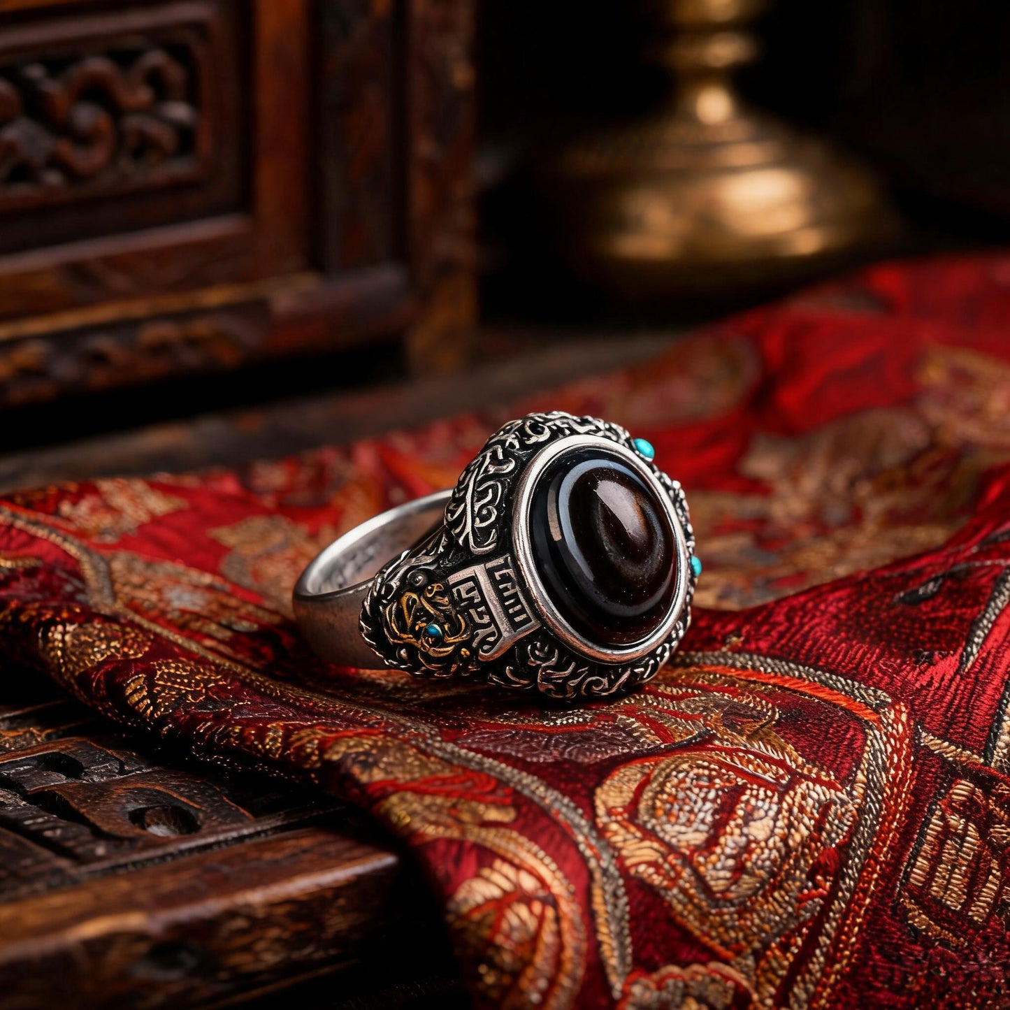 Garuda Dzi S925 silver ring front three-quarter view