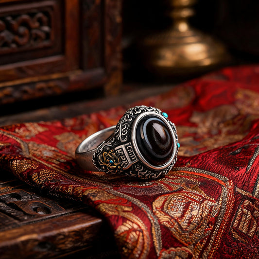 Garuda Dzi S925 silver ring front three-quarter view