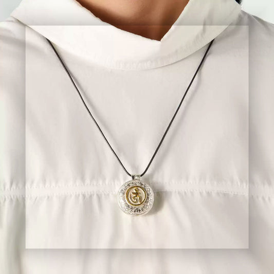 Handcrafted S925 silver gilded wisdom Gau pendant necklace round Dhi wearing view
