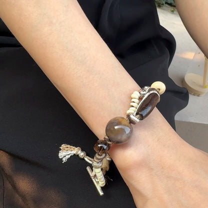 Long Summer Meadow Agate Braided Bracelet - OT Gold Clasp wearing scale view