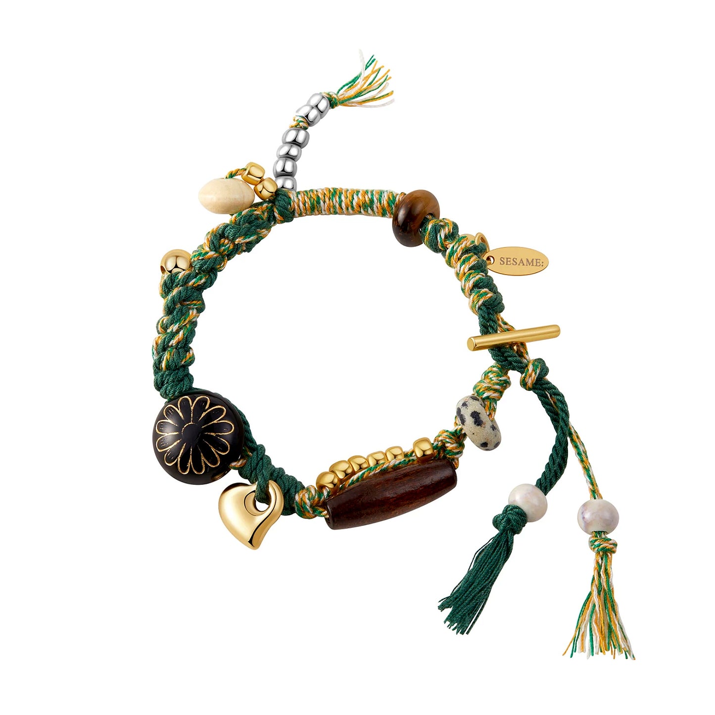 Long Summer Meadow Agate Braided Bracelet - T Gold Clasp front full view