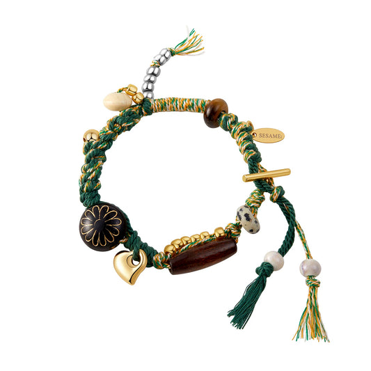 Long Summer Meadow Agate Braided Bracelet - T Gold Clasp front full view
