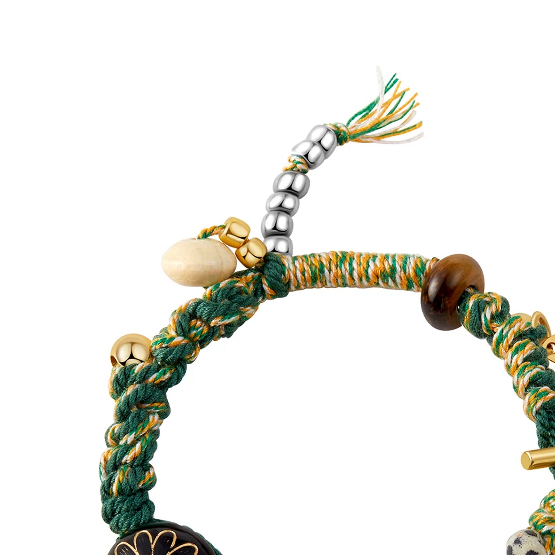 Long Summer Meadow Agate Braided Bracelet - T Gold Clasp bead detail