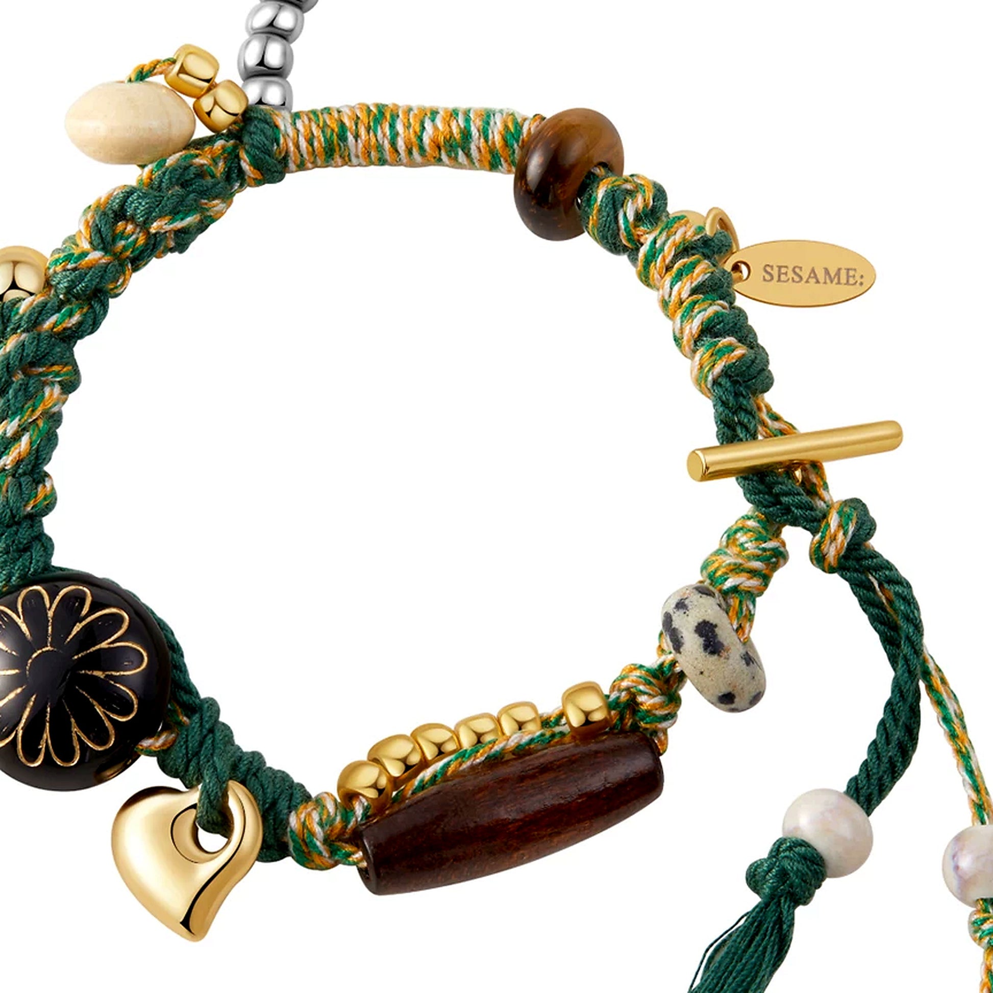 Long Summer Meadow Agate Braided Bracelet - T Gold Clasp texture close-up