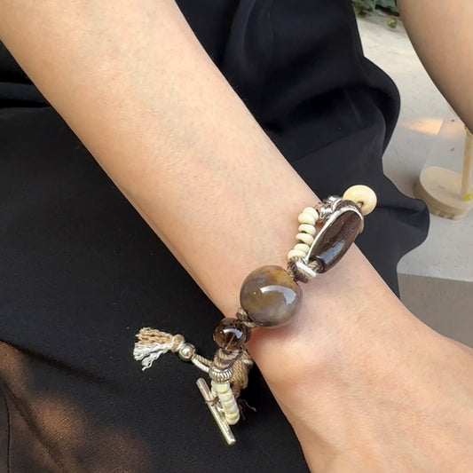 Long Summer Meadow Agate Braided Bracelet - T Gold Clasp wearing scale view