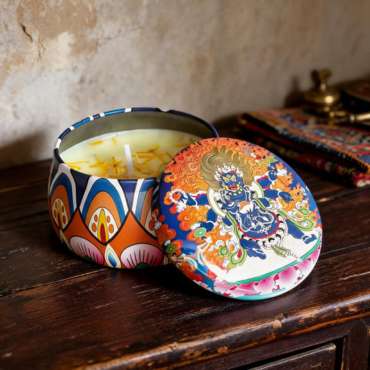 Six-Armed Mahakala Freesia Thangka Candle — artisan studio hero view