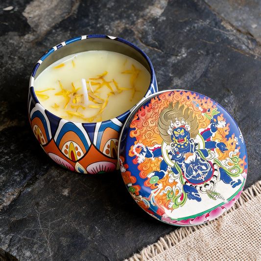 Six-Armed Mahakala Freesia Thangka Candle — overhead still-life view