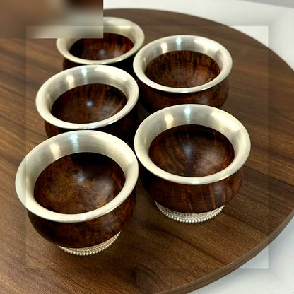 Tibetan wooden butter tea cup with white copper rim main set view