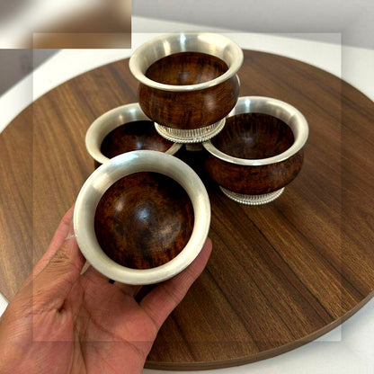 Tibetan wooden butter tea cup with white copper rim inner liner detail
