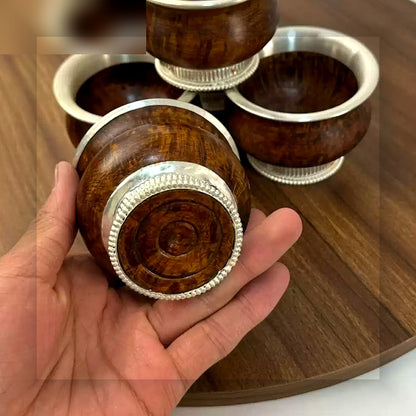Tibetan wooden butter tea cup with white copper rim base copperwork detail