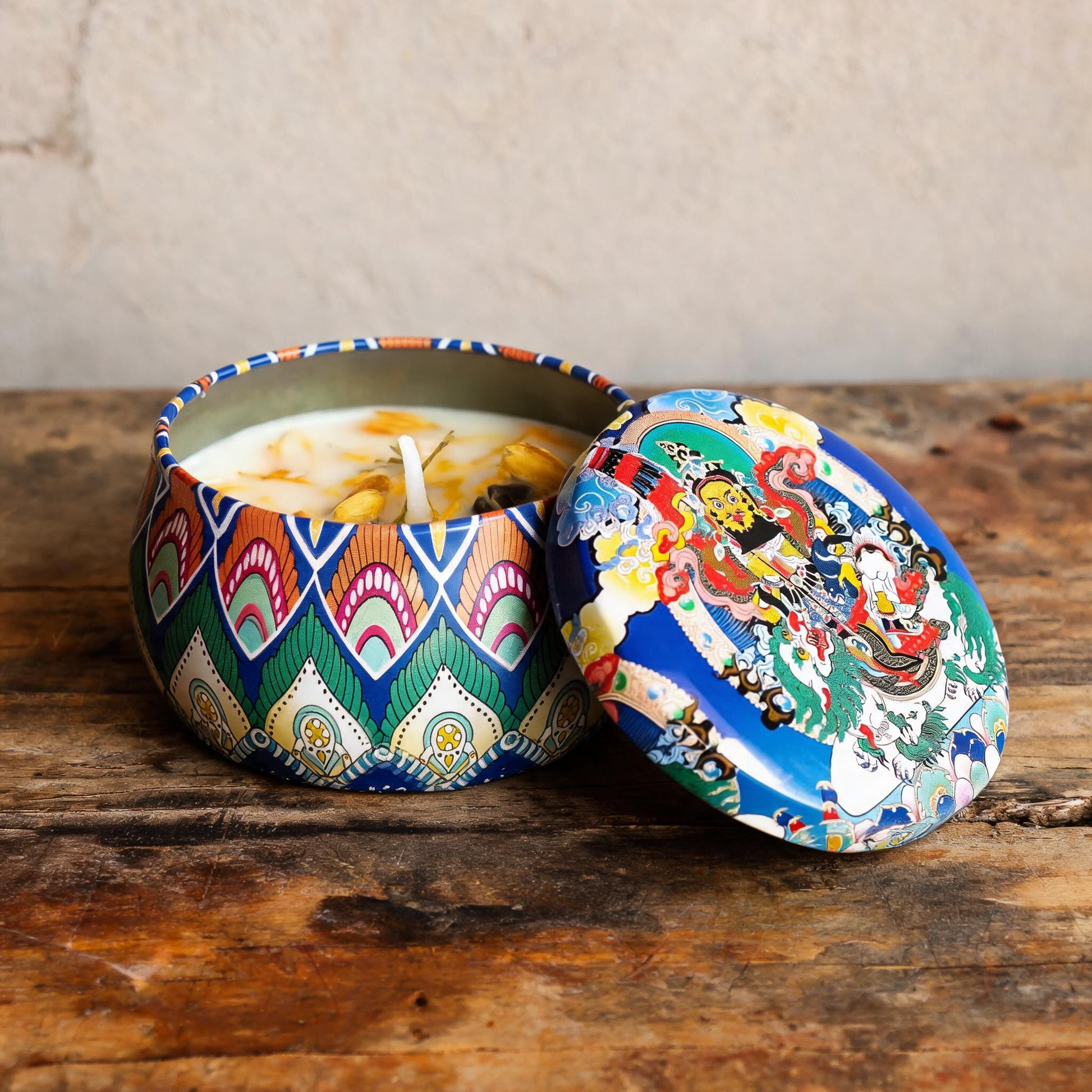 Vaishravana Rosemary Thangka Candle — craft detail view