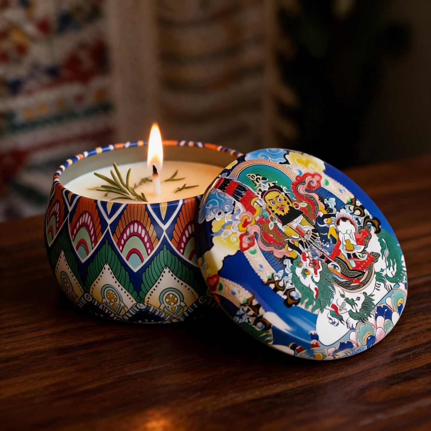 Vaishravana Rosemary Thangka Candle — warm evening view