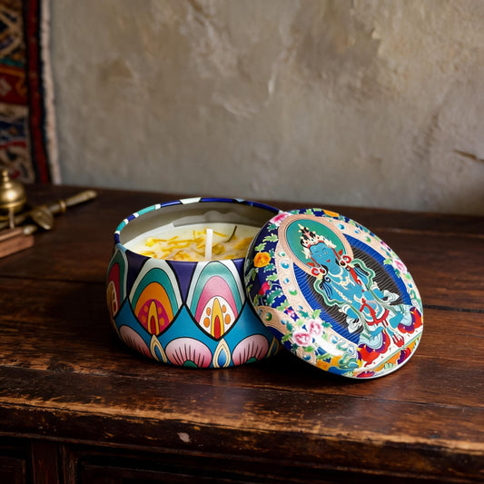 Vajradhara Rosemary Thangka Candle — artisan studio hero view