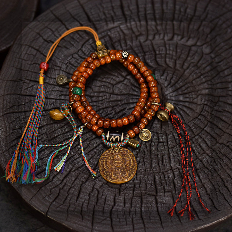 Collector grade Tibetan yak bone 108 mala with Dzi bead front full product view
