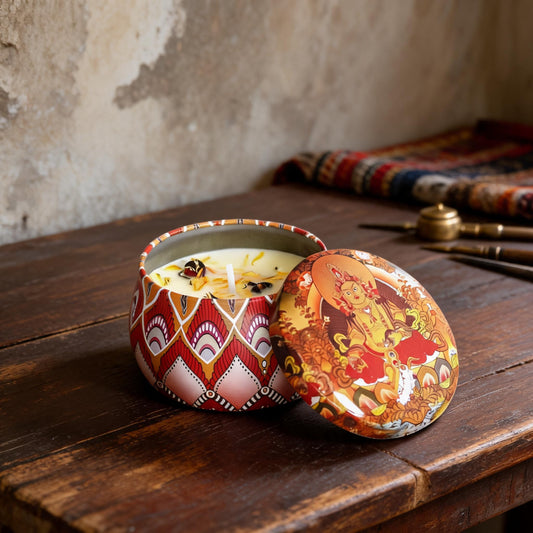 Yellow Jambhala Freesia Thangka Candle — artisan studio hero view