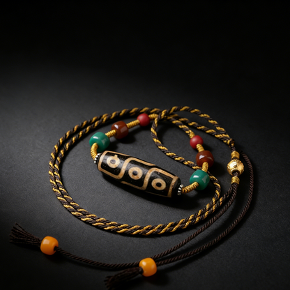 Handmade nine eye dzi bead necklace with colored glaze beads main view