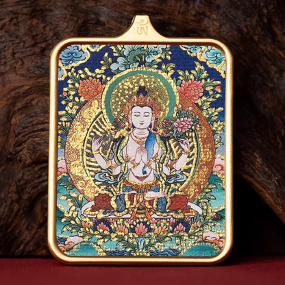 Four Arm Guanyin hand painted thangka pendant main view