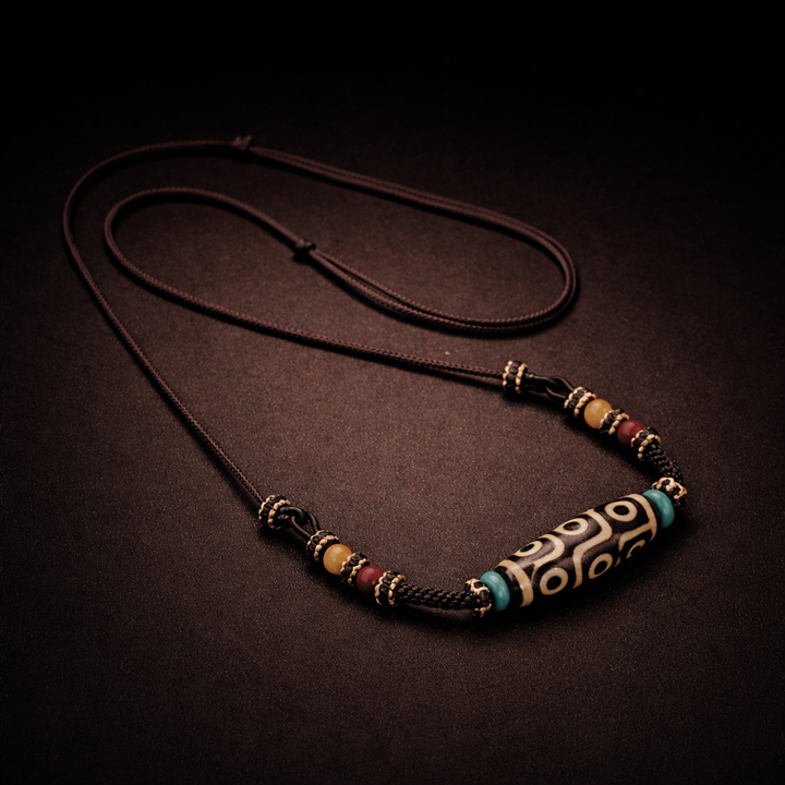 Handmade Nine-Eye Dzi Bead Necklace with Amber Accent
