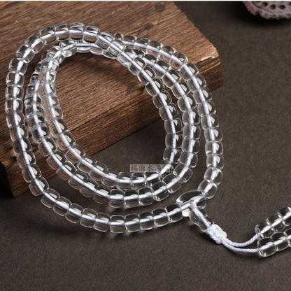 Clear quartz mala bracelet on display
