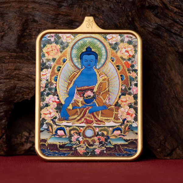 Medicine Buddha Hand-Painted Thangka Pendant