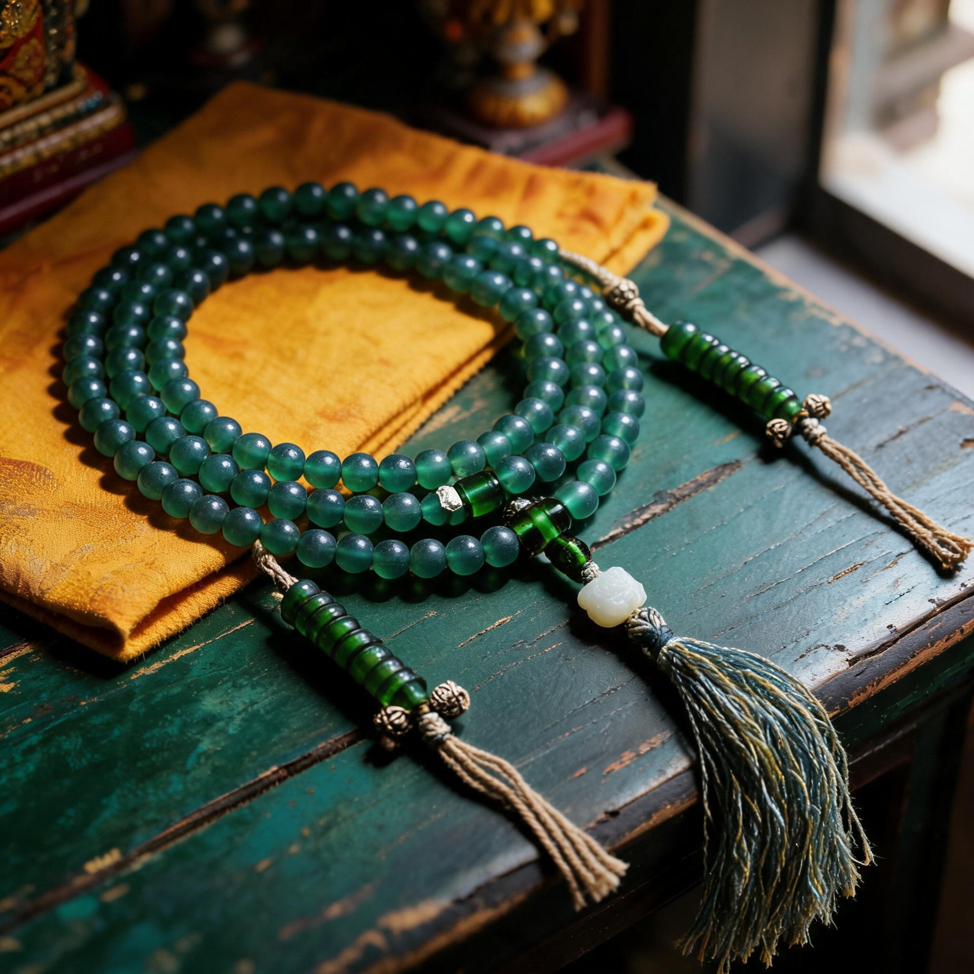 Green glass mala view 2