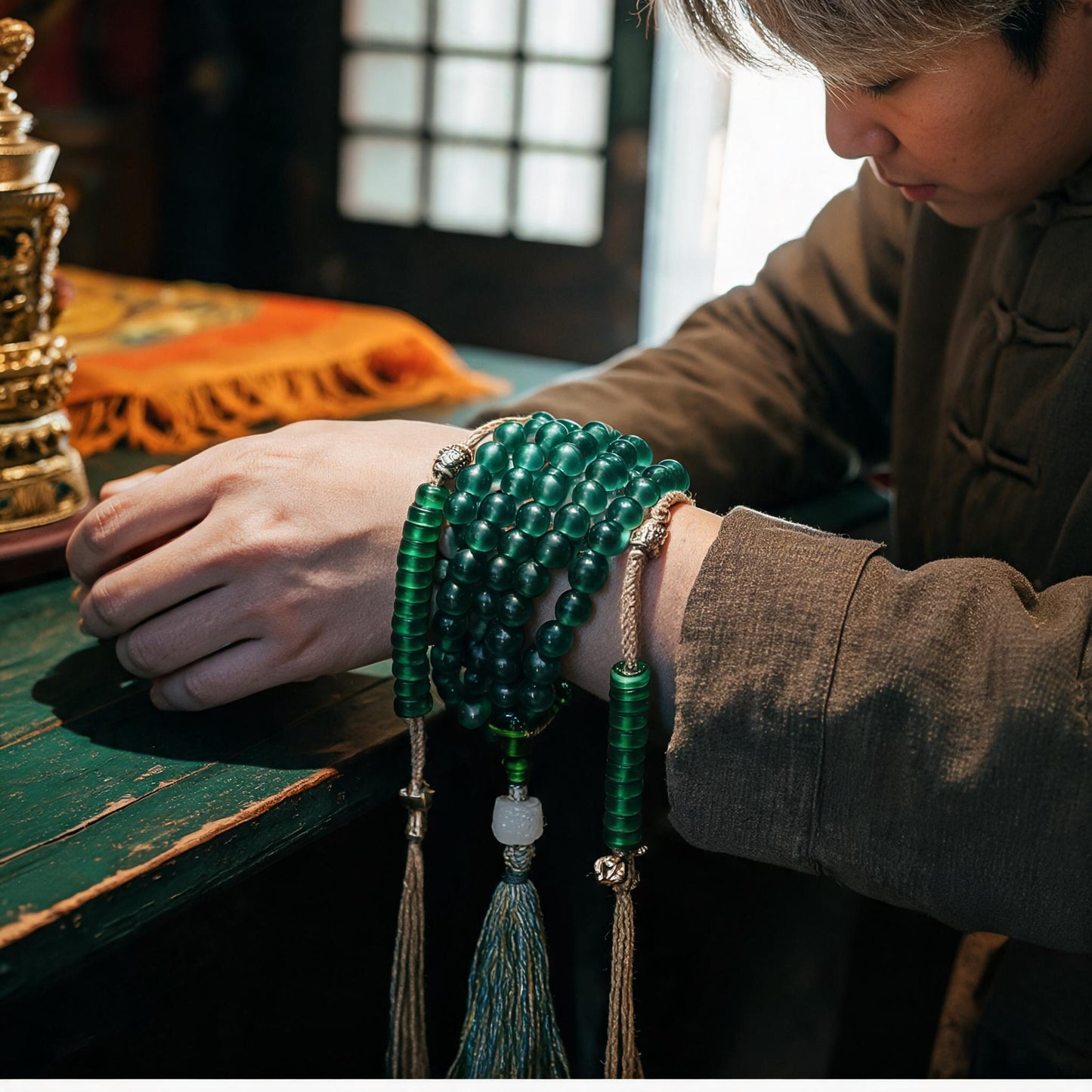 Green glass mala view 5
