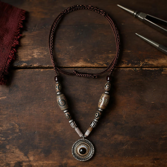 Handcrafted Nepalese Medicine Eye Dzi Bead Necklace in a warm artisan workshop setting