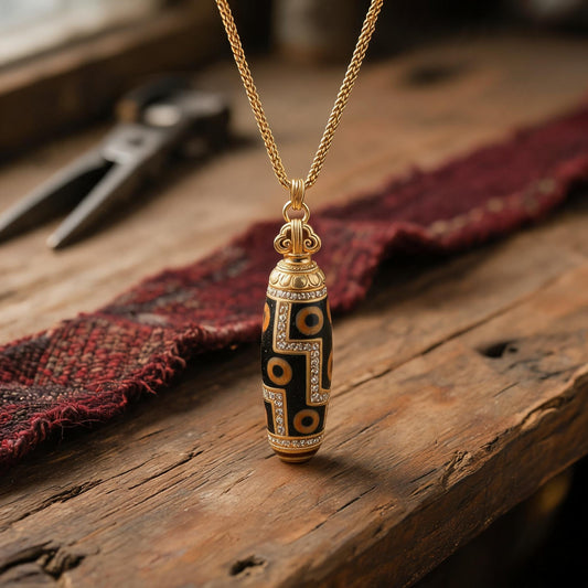 Gold-Plated Supreme Nine-Eyed Dzi Bead Necklace in an artisan workshop setting