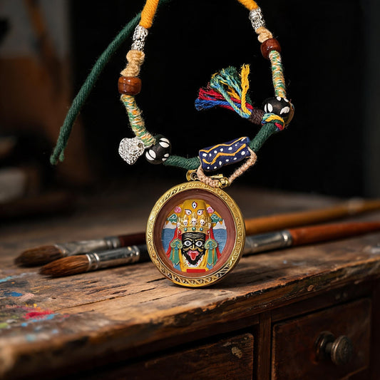 Zaki Lhamo Medicine Clay Thangka Pendant Necklace in an artisan workshop setting