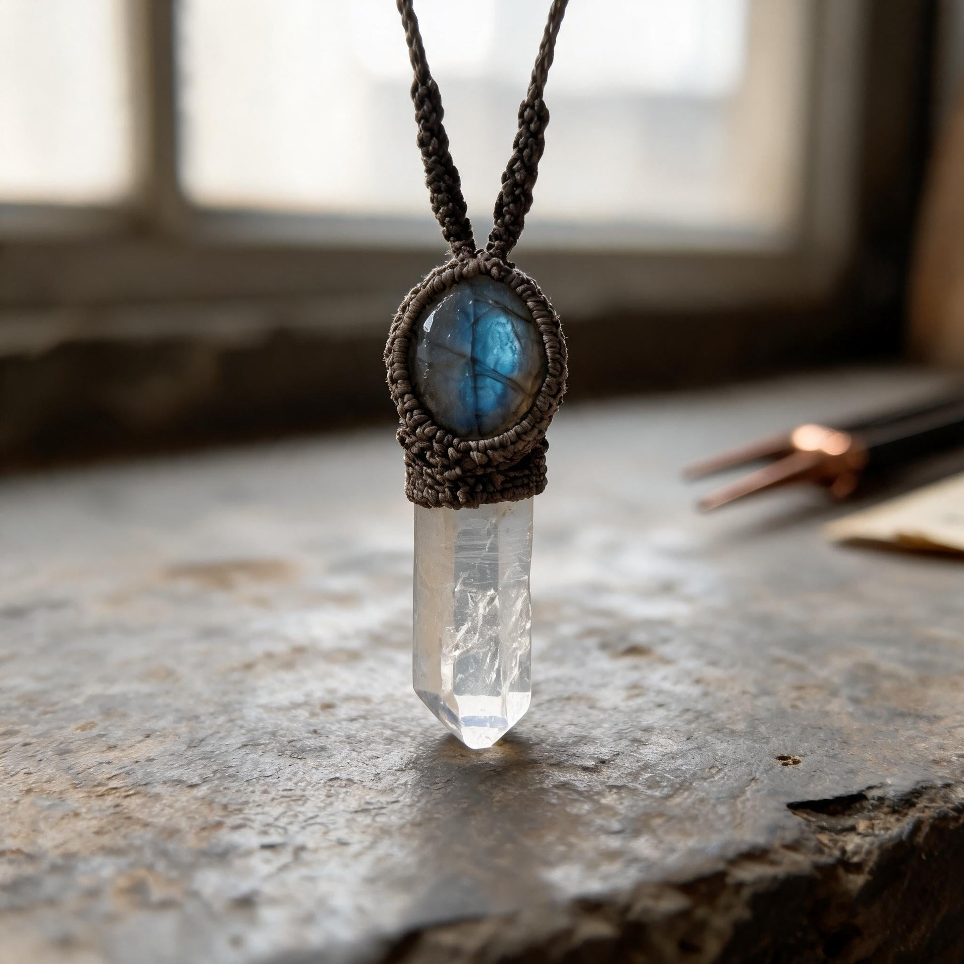 Mount Kailash Crystal with Nepal Sapphire in an artisan workshop setting
